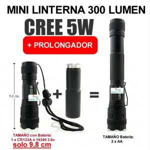 Mini Linterna LED 5W de potencia 300 Lumen (Tamaño 9.8 cm)