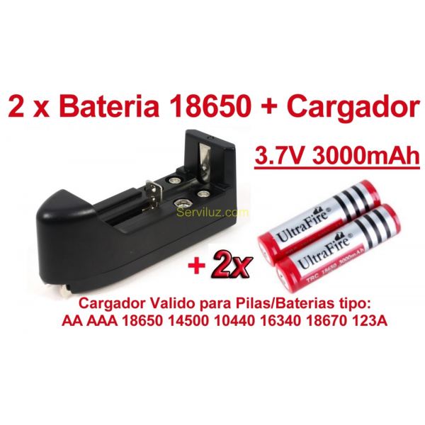 2 x Pila/Bateria Recargable 18650 3.7V 3000 mAh Litio-Ion + Multi Cargador